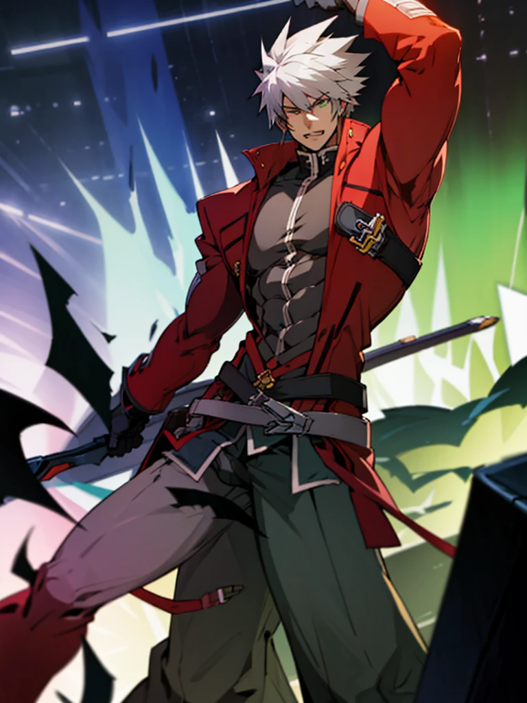 (masterpiece, best quality:1.2), 1boy, solo, bara, penis, muscular, erection, biceps, fullbody, large pectorals, big muscles, thick, ragna the bloodedge, red eyes, green eyes, heterochromia, white hair, short hair, spiked hair, 1boy, red jacket, open jacket, black shirt, belt, black gloves, black hakama