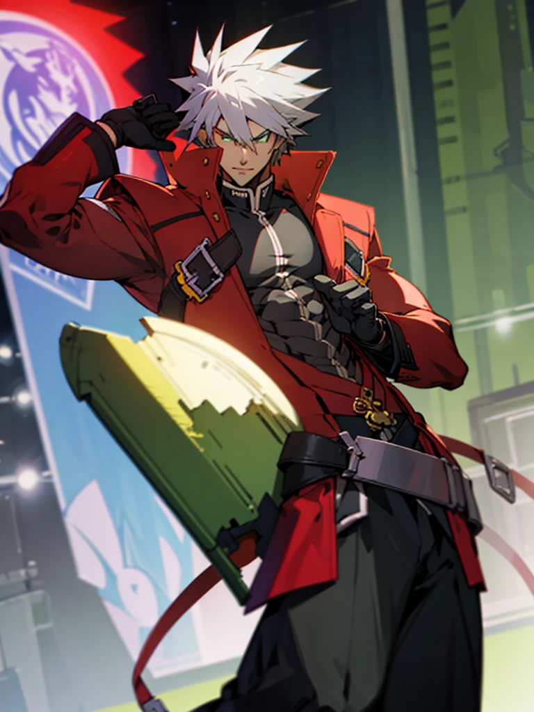 (masterpiece, best quality:1.2), 1boy, solo, bara, penis, muscular, erection, biceps, fullbody, large pectorals, big muscles, thick, ragna the bloodedge, red eyes, green eyes, heterochromia, white hair, short hair, spiked hair, 1boy, red jacket, open jacket, black shirt, belt, black gloves, black hakama