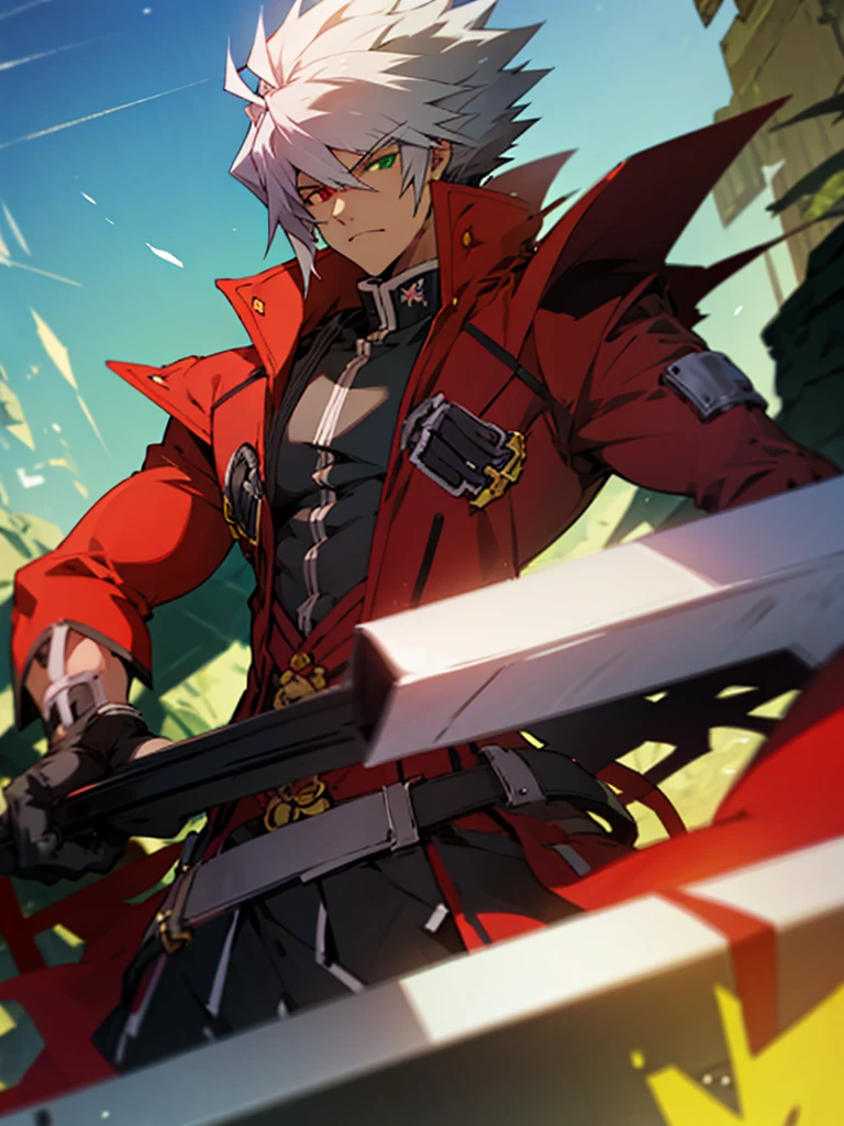 (masterpiece, best quality:1.2), 1boy, solo, bara, penis, muscular, erection, biceps, fullbody, large pectorals, big muscles, thick, ragna the bloodedge, red eyes, green eyes, heterochromia, white hair, short hair, spiked hair, 1boy, red jacket, open jacket, black shirt, belt, black gloves, black hakama