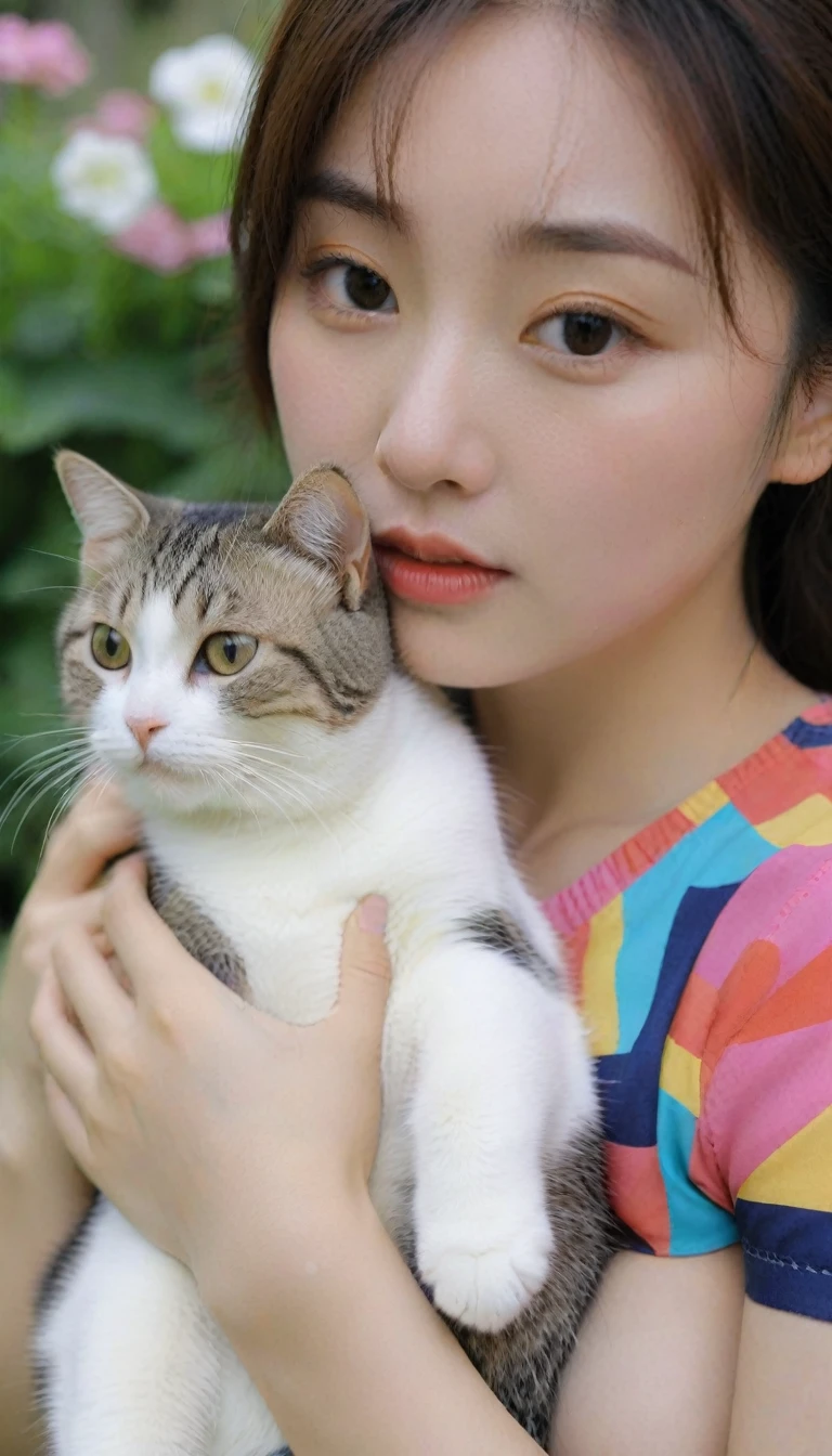 Extreme close-up of beautiful korean female, 34 inch breasts size, colourful shirt, hugging with cat, in the garden, UHD
