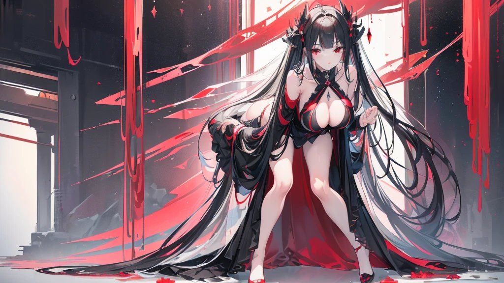 (Exquisite eyes),(Clear and beautiful eyes:1.61),masterpiece, ung girl,(Black clothes and some red gems), Black long hair, (She has a huge red gem on her chest), Good Hand,((The Havoc of StarCraft)),full-body shot,Fighting Stance,(Red Eyes:1.466),short and small,(Very big breasts:1.35),(Pretty Face),(full-body shot:1.33),Beautiful hands