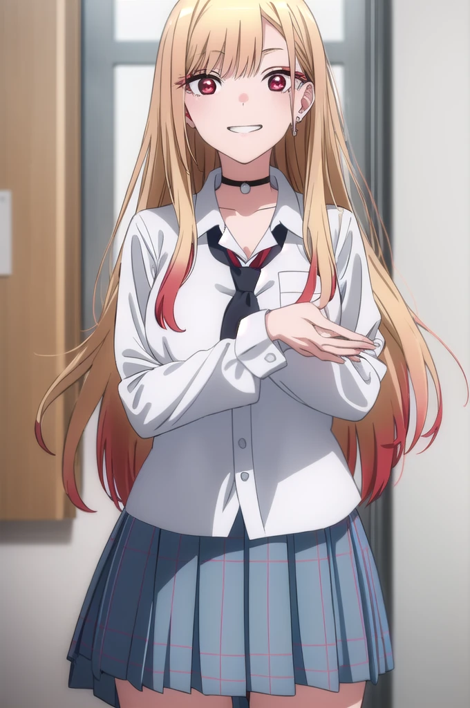 This passage, Marine Kitagawa, Long Hair, bangs, Blonde, (Red eyes:1.5), Multicolored Hair, smile, Grin, break skirt, shirt, jewelry, , white shirt, Pleated skirt, Earrings, tie, choker, Brescre,Big Breasts,Sexy full-body body, Blue Skirt, Plaid, black choker, Plaid skirt, break indoors, classroom, break looking at viewer, (Cowboy Shot:1.5), break (masterpiece:1.2), Highest quality, High resolution, unity 8k wallpaper, (figure:0.8), (Beautiful attention to detail:1.6), Highly detailed face, Perfect lighting, Highly detailed CG, (Perfect hands, Perfect Anatomy),Expose,bikini,Swimwear