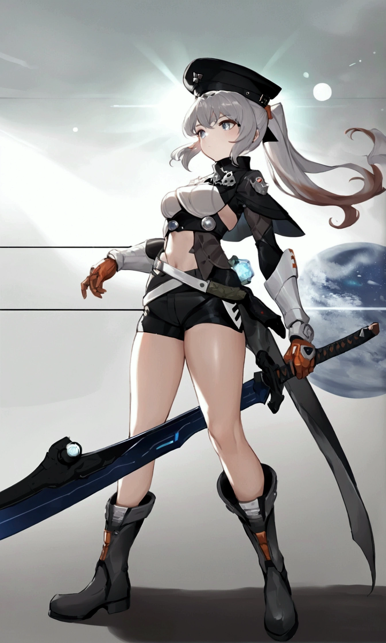 ((science fiction space fantasy)), A badass tall woman, an art of a female character standing amidst a galactic battlefront, (A female commander), ((a leader of a fleet of intergalactic armies)), White high ponytail with a glowing light blue highlights at the ends, Wielding a sword with deep blue aura, the mystical blade in her hand emitting a bright contrast blue light with a ray of energy, a futuristic intergalactic military uniform, Wearing Black shorts exposing the thighs, with a captain hat, a long simple dark boots. A masterpiece illustration, a light novel cover, best quality, best detail(Light novel illustrations), Arknights style, masterpiece, high quality, detailed.