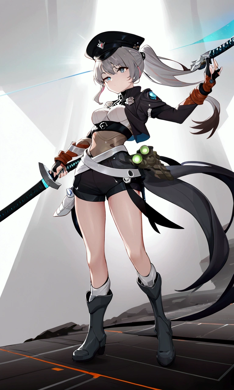 ((science fiction space fantasy)), A badass tall woman, an art of a female character standing amidst a galactic battlefront, (A female commander), ((a leader of a fleet of intergalactic armies)), White high ponytail with a glowing light blue highlights at the ends, Wielding a sword with deep blue aura, the mystical blade in her hand emitting a bright contrast blue light with a ray of energy, a futuristic intergalactic military uniform, Wearing Black shorts exposing the thighs, with a captain hat, a long simple dark boots. A masterpiece illustration, a light novel cover, best quality, best detail(Light novel illustrations), Arknights style, masterpiece, high quality, detailed.