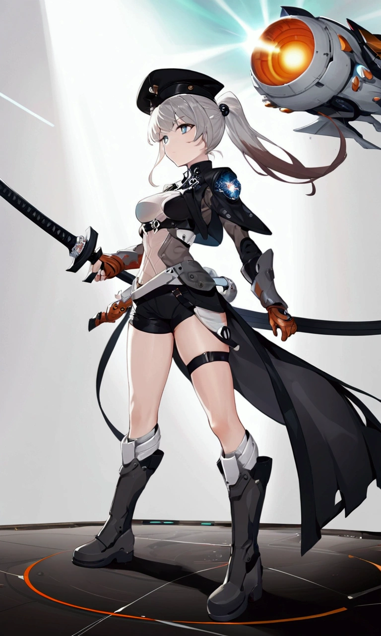 ((science fiction space fantasy)), A badass tall woman, an art of a female character standing amidst a galactic battlefront, (A female commander), ((a leader of a fleet of intergalactic armies)), White high ponytail with a glowing light blue highlights at the ends, Wielding a sword with deep blue aura, the mystical blade in her hand emitting a bright contrast blue light with a ray of energy, a futuristic intergalactic military uniform, Wearing Black shorts exposing the thighs, with a captain hat, a long simple dark boots. A masterpiece illustration, a light novel cover, best quality, best detail(Light novel illustrations), Arknights style, masterpiece, high quality, detailed.