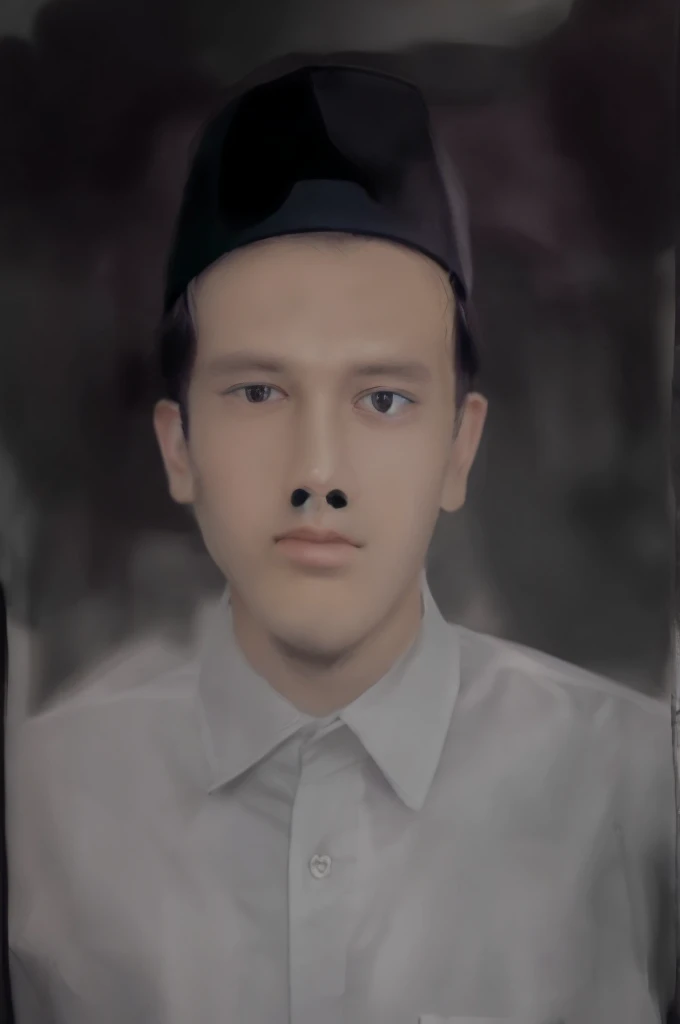 Colored portrait of a man wearing a black cap, plain white collared shirt