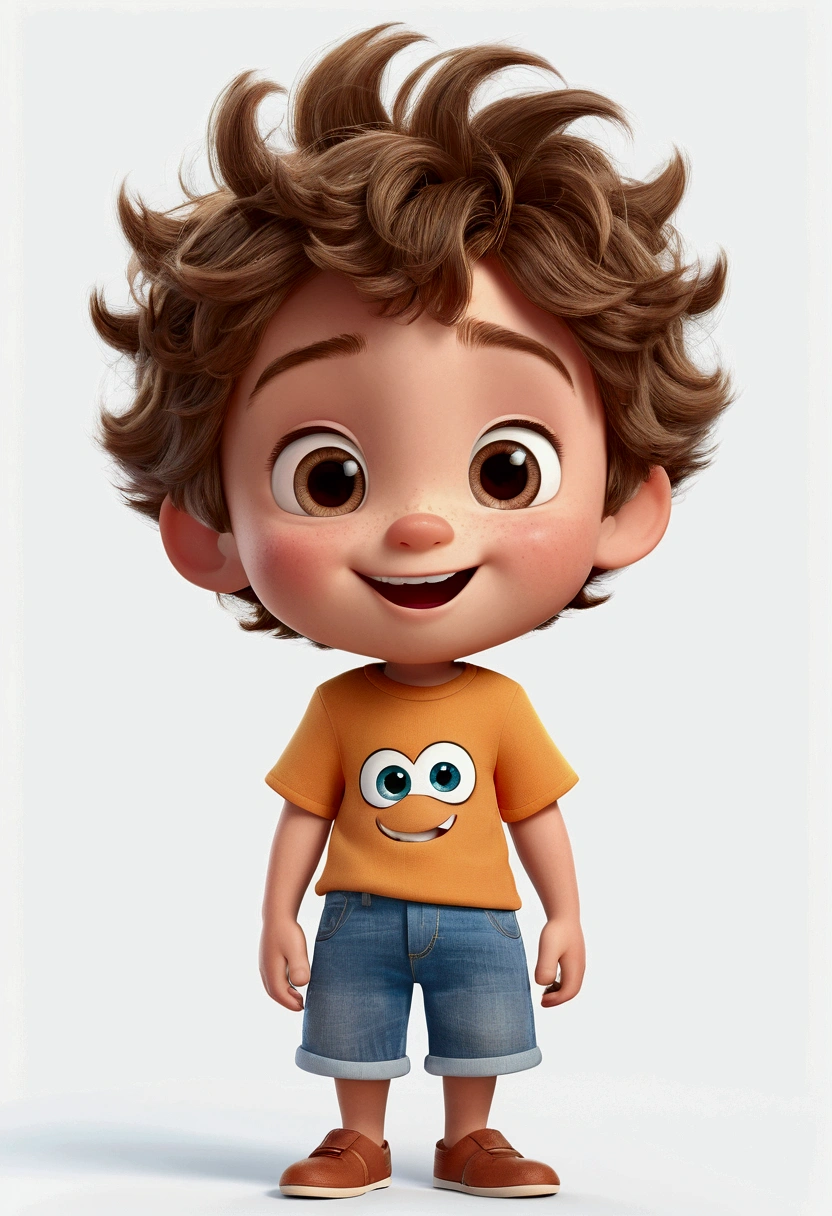 um garoto feliz e fluffly com cabelo curto, White background, the , Pixar-style, ..3d, Cartoon s, face detailed, 16k asymmetrical boy , multiple poses and expressions, White background, book illustration style , disney pixar style, Simpler, fluffly, 6 years, bright coloured, short light brown hair, skin fair, light blue short sleeve shirt, shorts jeans