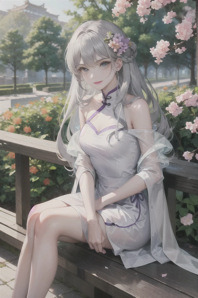 masterpiece, Excellent, daytime, outdoor, Falling Flowers, Branches, China人, China, 1 girl, Perfect Woman, Woman with long silver hair, Gray blue eyes, Light pink lips, Serious, ,Purple Eyes, White clothes, , Delicate face, Delicate face, Sitting Legs, Smile