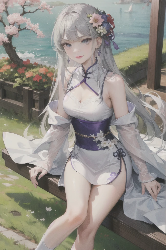 masterpiece, Excellent, daytime, outdoor, Falling Flowers, Branches, China人, China, 1 girl, Perfect Woman, Woman with long silver hair, Gray blue eyes, Light pink lips, Serious, ,Purple Eyes, White clothes, , Delicate face, Delicate face, Sitting Legs, Smile