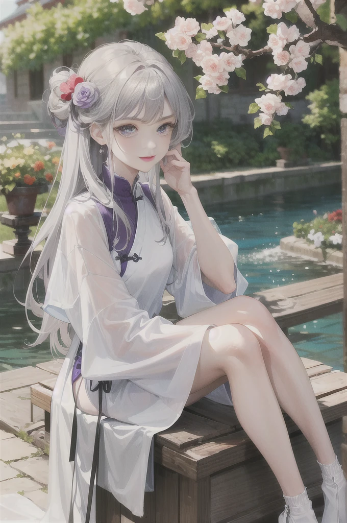 masterpiece, Excellent, daytime, outdoor, Falling Flowers, Branches, China人, China, 1 girl, Perfect Woman, Woman with long silver hair, Gray blue eyes, Light pink lips,  Serious, ,Purple Eyes, White clothes, , Delicate face, Delicate face, Sitting Legs, Smile