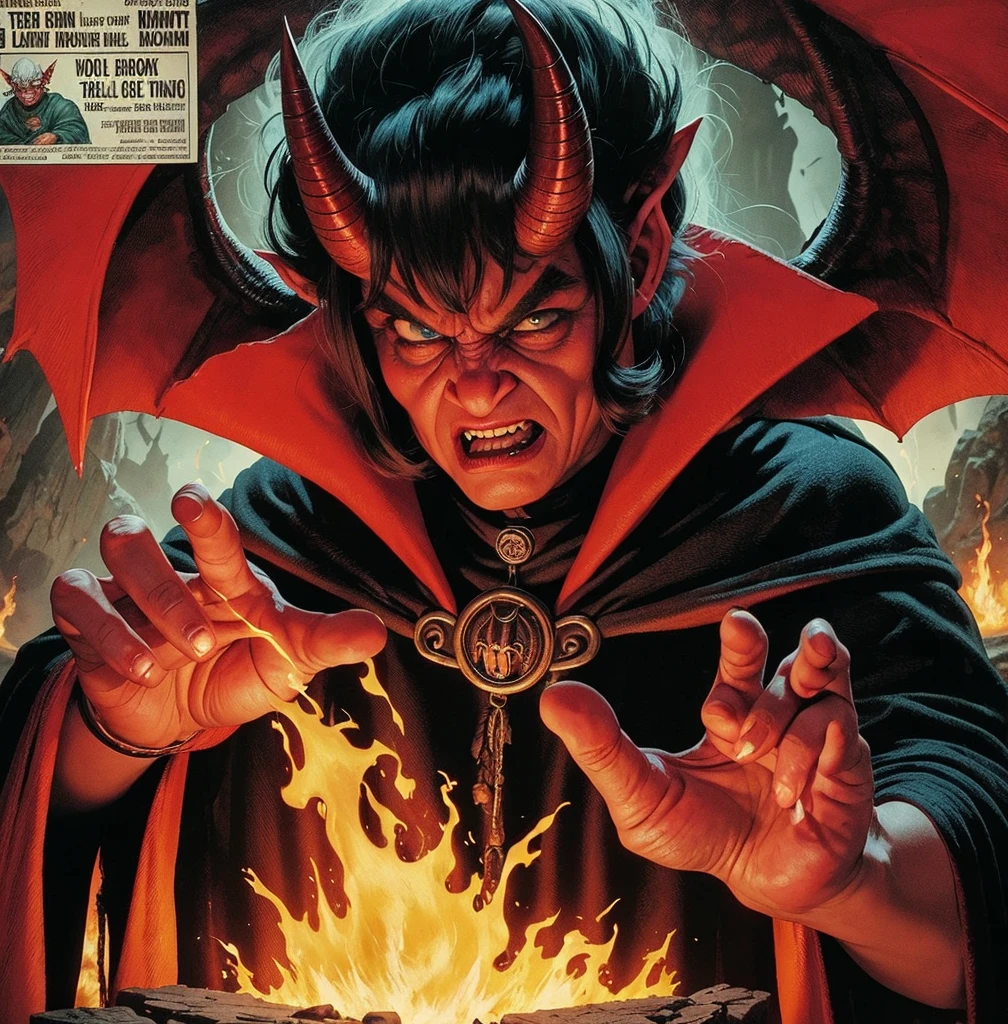 American classic comic book: Ugly Red-skinned troll woman, short full white hair, demon horns, goblin ears, fat troll nose, long black medieval outfit, old hands, demon wings, magic fire