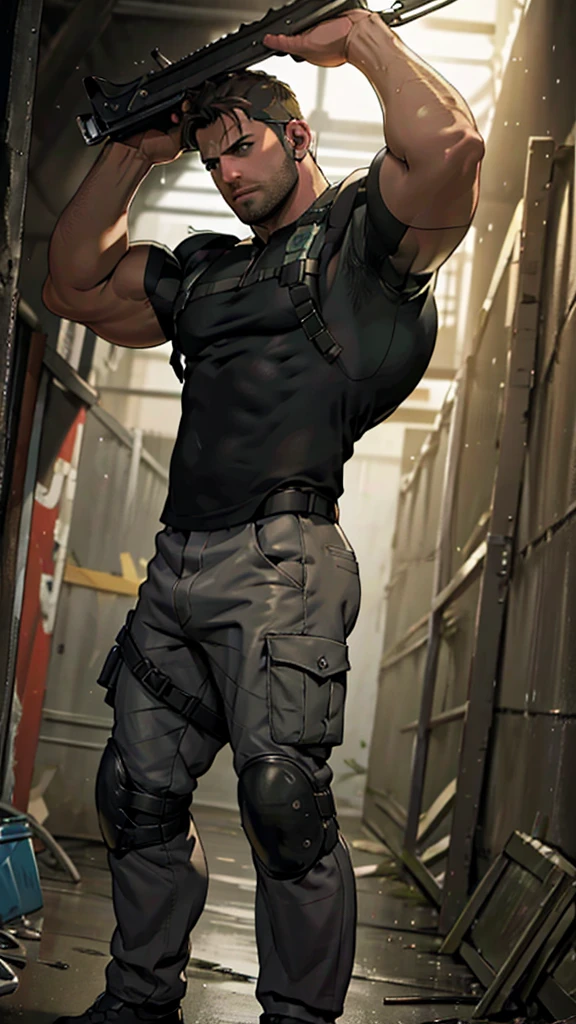 masterpiece, 8K, long shot, chris redfield, Taken aback, Trapped in a dirty basement
