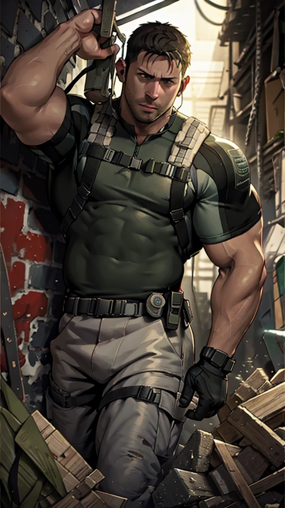 masterpiece, 8K, long shot, chris redfield, Taken aback, Trapped in a dirty basement