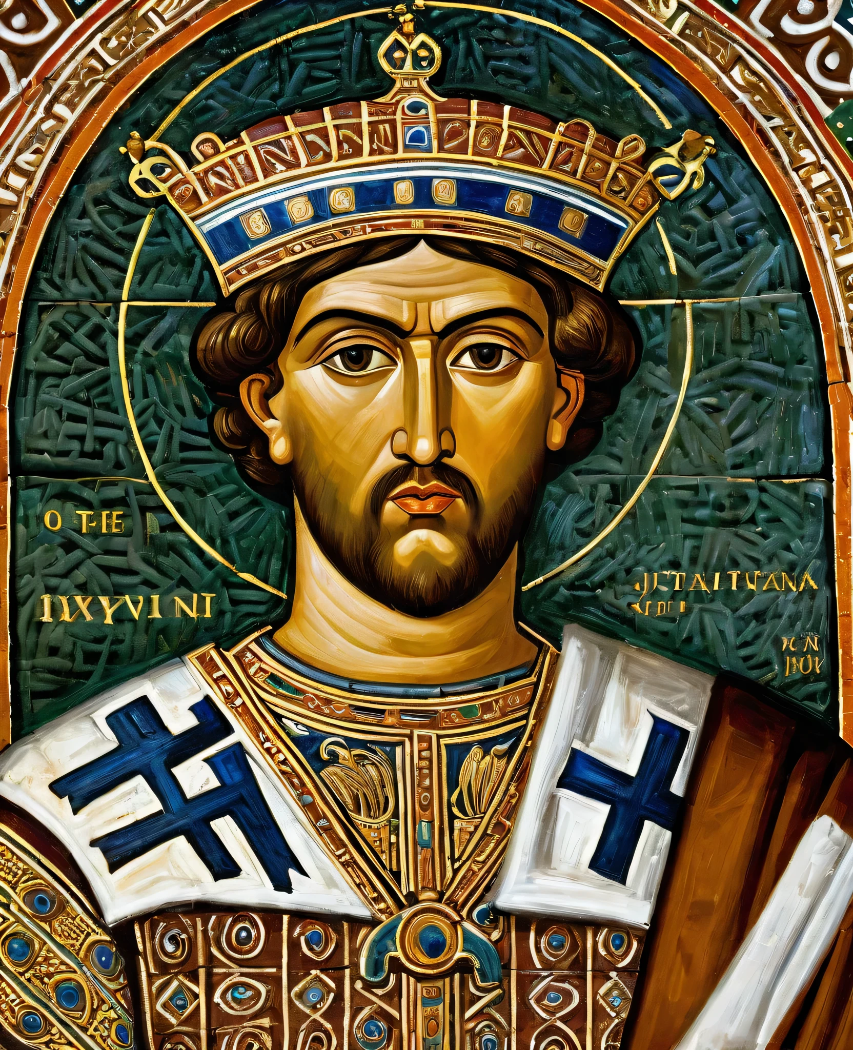 ((best qualityer)), ((work of art)), (detailded), Byzantine emperor, (Justinian), historic photo, meticulously detailed, best pose, best photo, best known portrait, 6th century, Greek-Slavic ethnicity, skin detailed, roman emperor, do the same