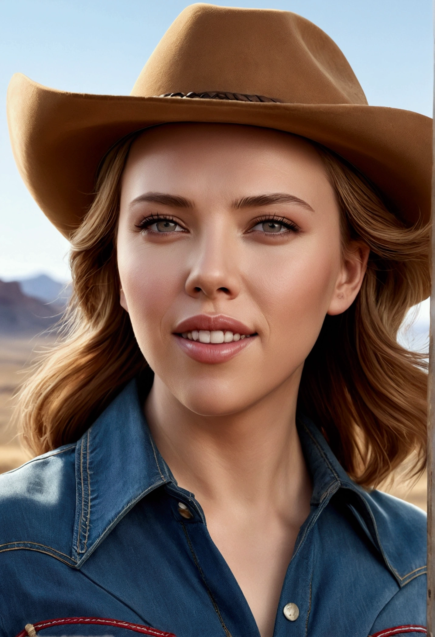 with high definition images,Beautiful cowgirl(masterpiece、highest quality:1.2)、Cowboy-themed image of Scarlett Johansson、solo、One woman、Scarlett Johansson、Captivating smile、Look directly at your audience、Denim top and bottom、Riding a horse through the desolate plains,Western-style hats、Highly detailed、Intricately crafted facial features、Realistic skin texture、Expressive eyes、Warm and inviting、Rustic, sun-kissed landscape、The perfect blend of elegance and rugged charm