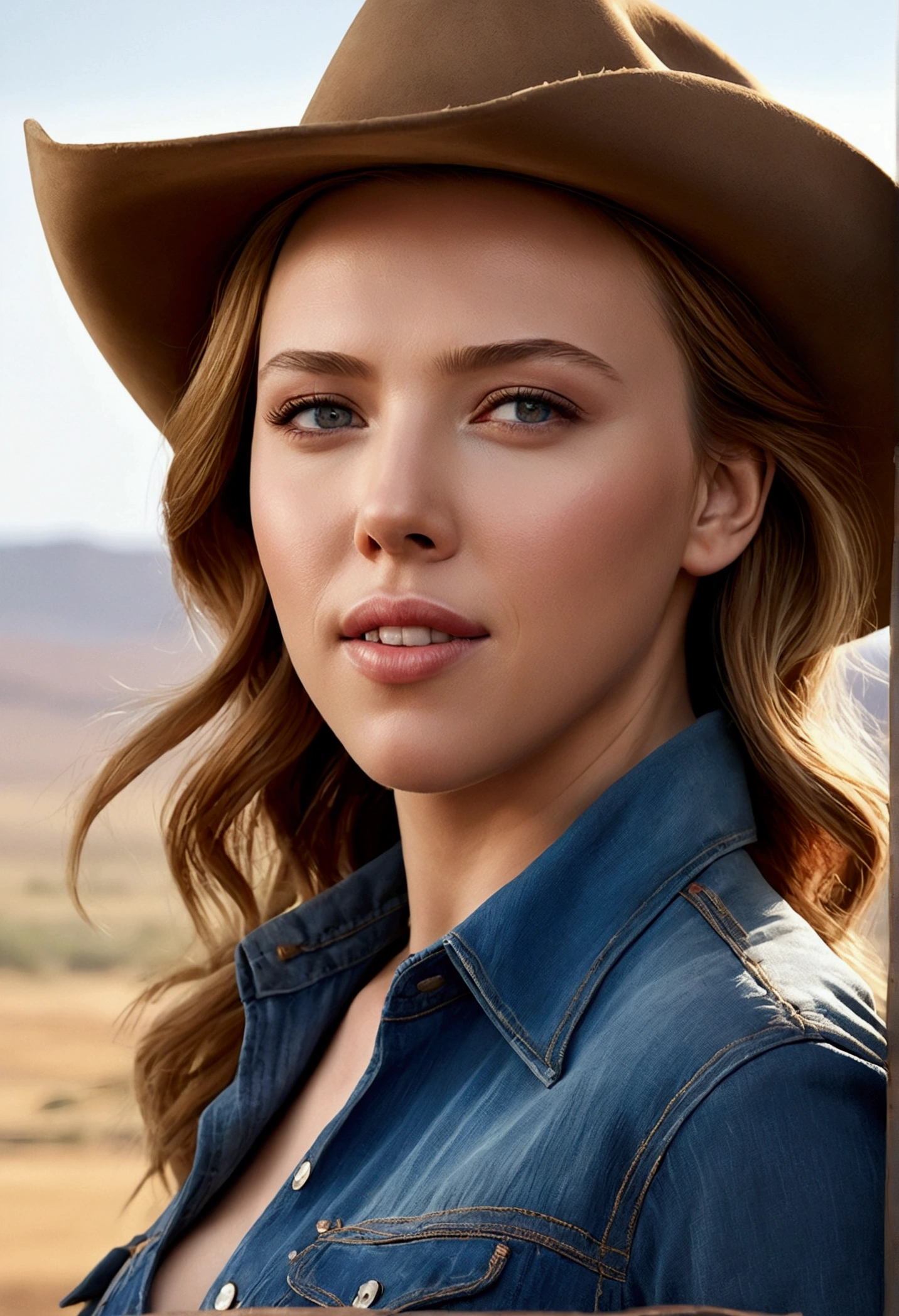 with high definition images,Beautiful cowgirl(masterpiece、highest quality:1.2)、Cowboy-themed image of Scarlett Johansson、solo、One woman、Scarlett Johansson、Captivating smile、Look directly at your audience、Denim top and bottom、Riding a horse through the desolate plains,Western-style hats、Highly detailed、Intricately crafted facial features、Realistic skin texture、Expressive eyes、Warm and inviting、Rustic, sun-kissed landscape、The perfect blend of elegance and rugged charm