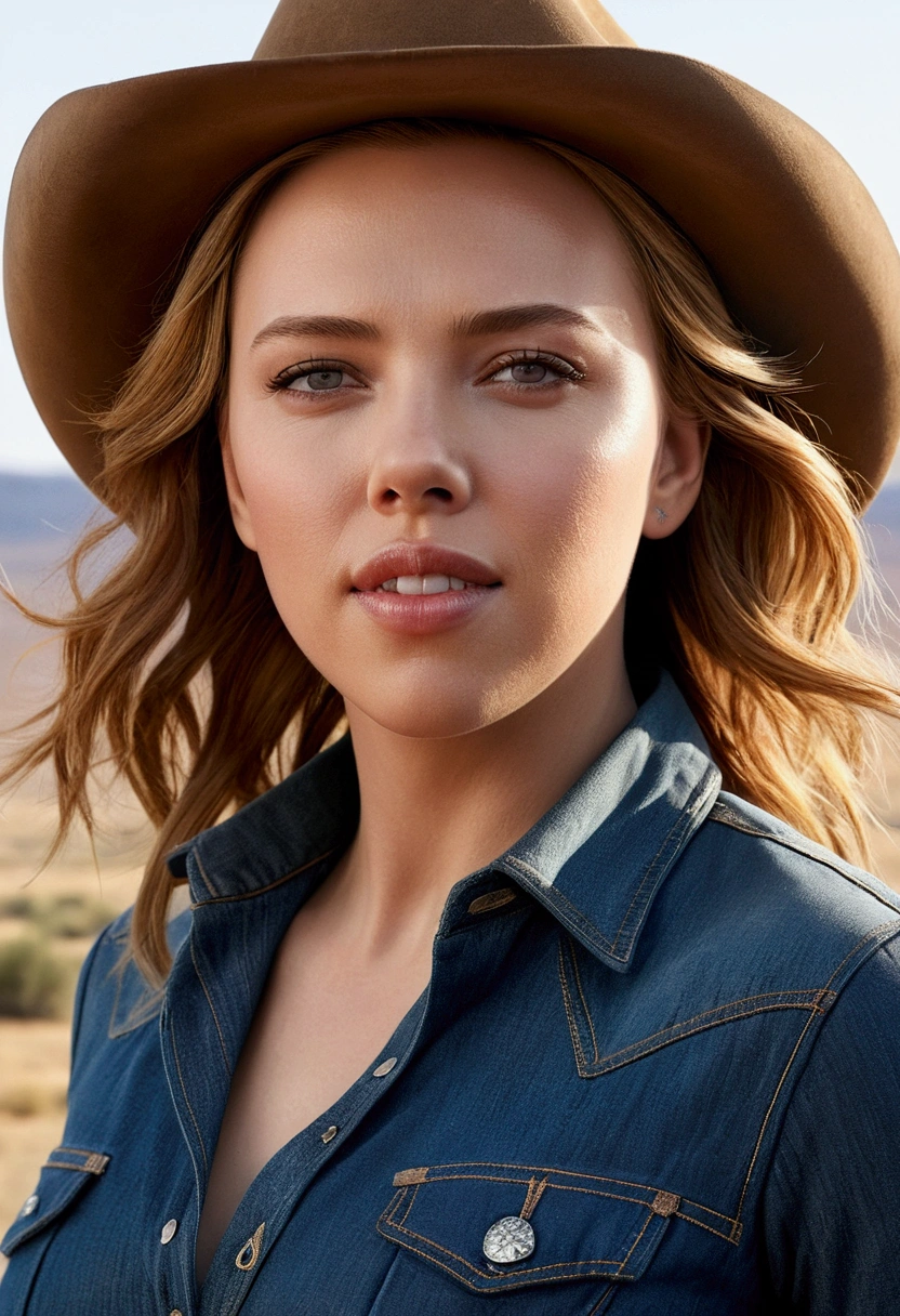with high definition images,Beautiful cowgirl(masterpiece、highest quality:1.2)、Cowboy-themed image of Scarlett Johansson、solo、One woman、Scarlett Johansson、Captivating smile、Look directly at your audience、Denim top and bottom、Riding a horse through the desolate plains,Western-style hats、Highly detailed、Intricately crafted facial features、Realistic skin texture、Expressive eyes、Warm and inviting、Rustic, sun-kissed landscape、The perfect blend of elegance and rugged charm