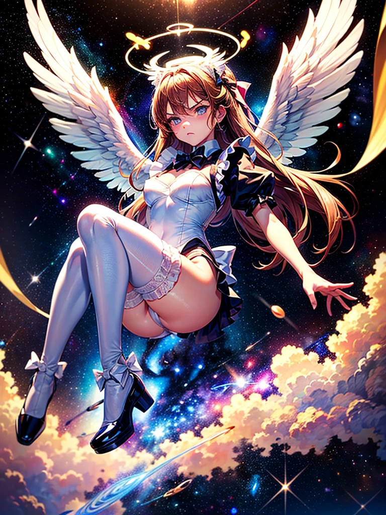 Highest quality,Highest Resolution,Beautiful girl with angry face in maid leotard,Frills,High leg,(((Floating in the air))),Halo,(((universe space))),Milky Way,meteor,Very beautiful eyes,(((White angel wings on the back))),whole body,long hair,(((Shoot a bow))),Knee-high stockings,Floating in the air,
