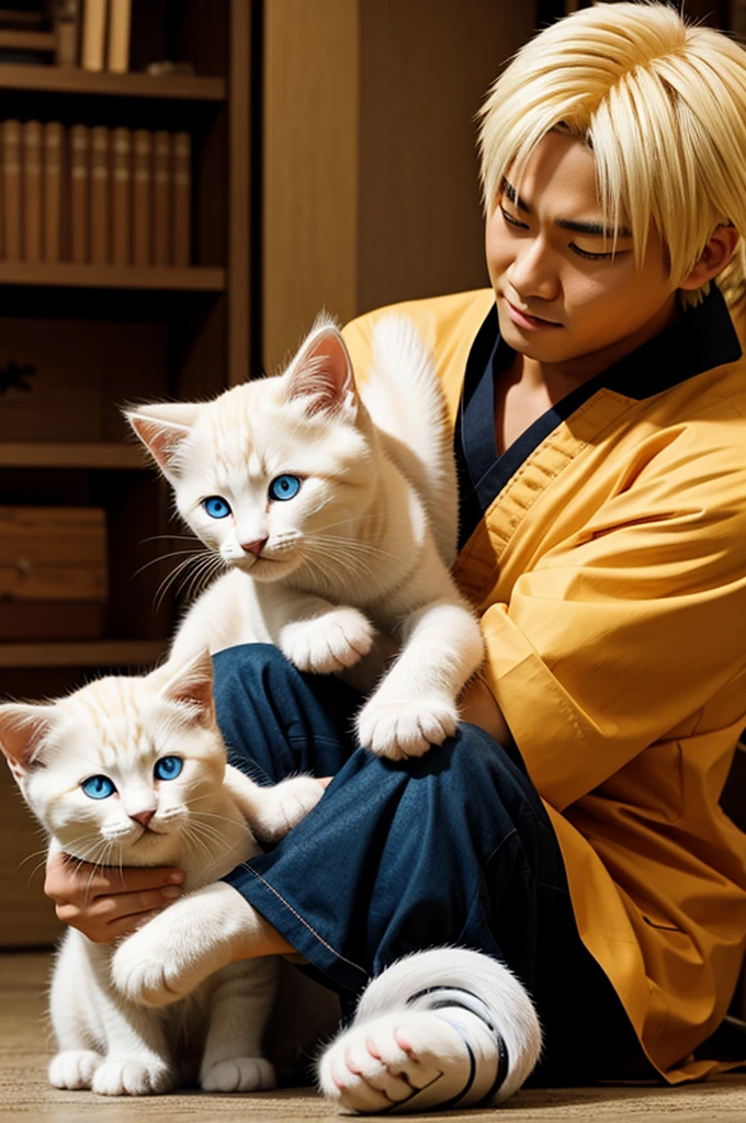 Tayuya fron Naruto is playing with white kitten.