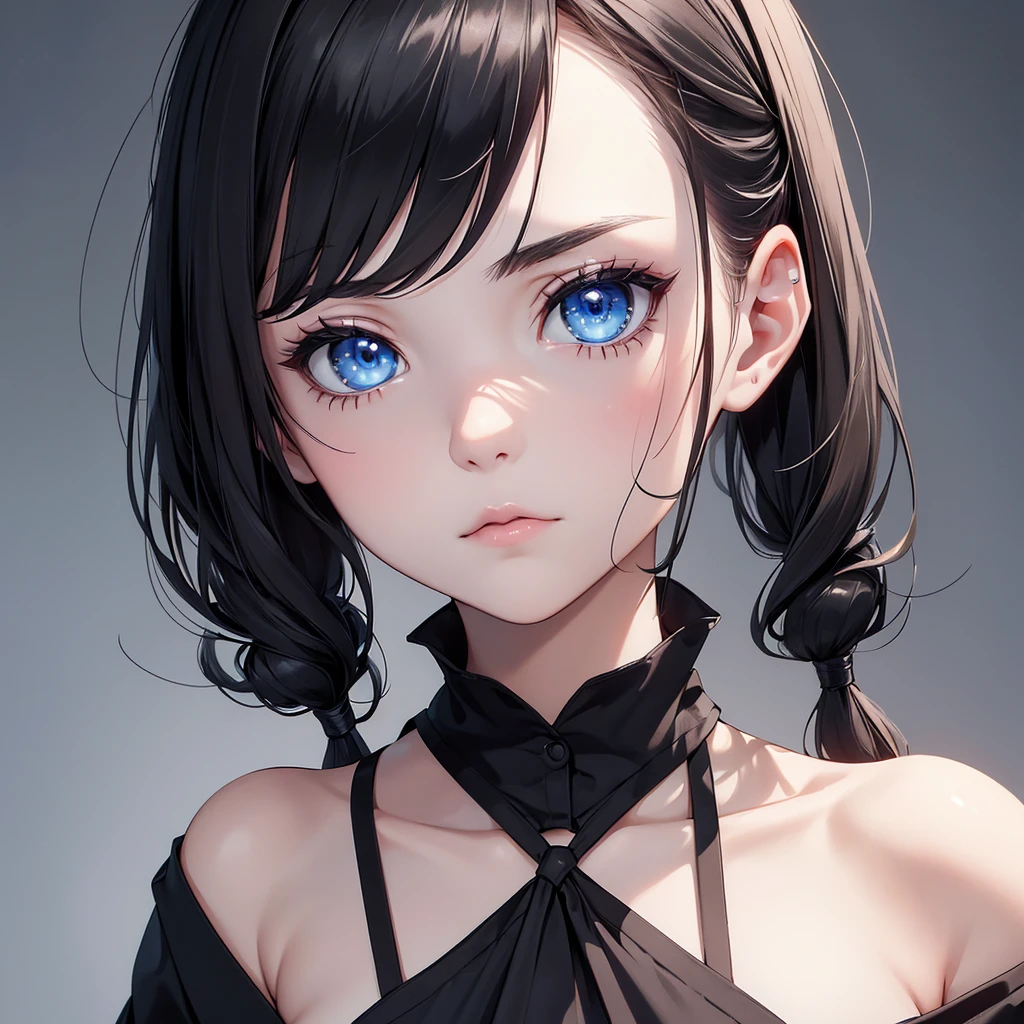 (8K, Best Quality, Masterpiece, Ultra High Resolution) 1Girl, Beautiful Eyes, Face Details, Black Hair, Pigtails, Blue Eyes, Pale Skin, Dark Circles, Tired Expression, Slender, Black Dress, Dark Room, Best Quality, Upper Body, Looking at the Viewer, Facing Viewer, Close Up