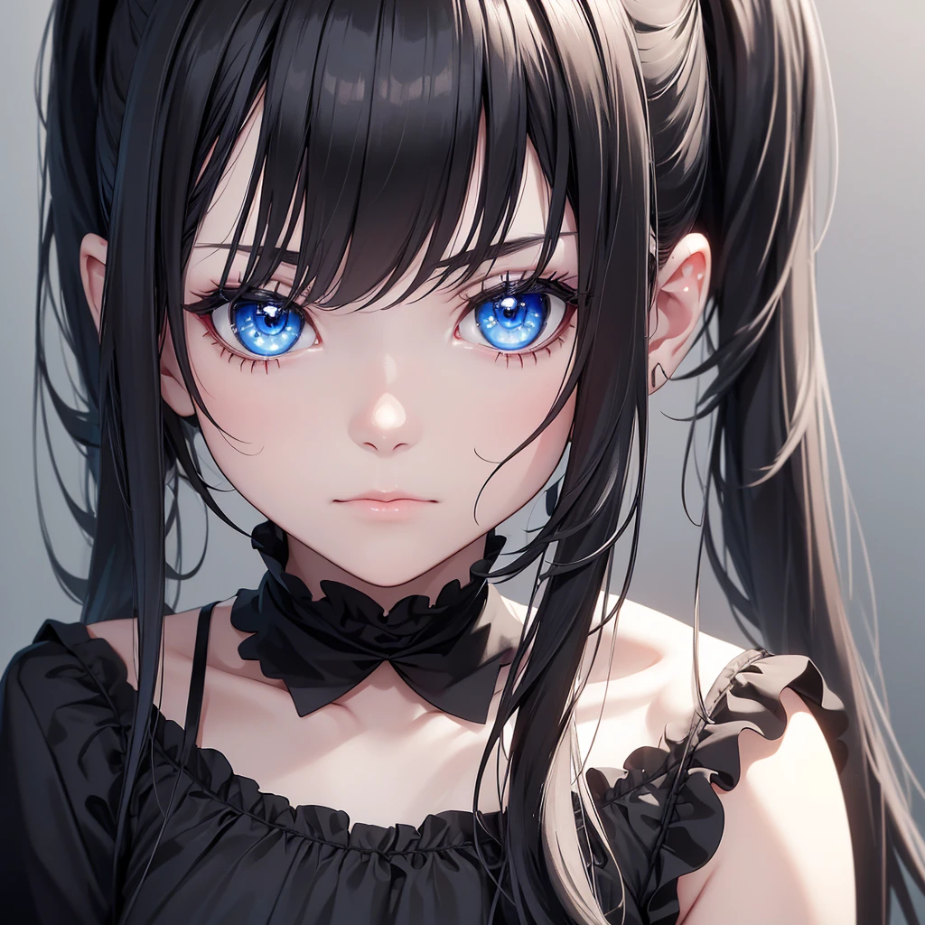 (8K, Best Quality, Masterpiece, Ultra High Resolution) 1Girl, Beautiful Eyes, Face Details, Black Hair, Pigtails, Blue Eyes, Pale Skin, Dark Circles, Tired Expression, Slender, Black Dress, Dark Room, Best Quality, Upper Body, Looking at the Viewer, Facing Viewer, Close Up