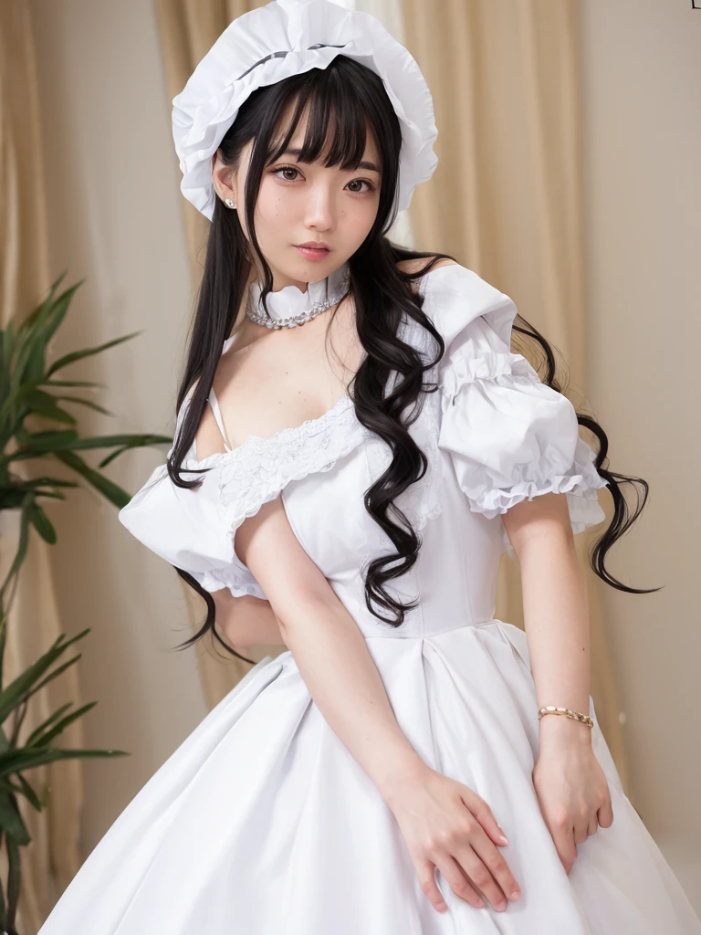 (Highest quality:1.9)、(High resolution)、Live-action image quality、((20-year-old woman、1 person))、Soft lighting by a professional photographer、Natural light、((Very spacious white luxurious room:1.6))、((Bright white room:1.6))、(Standing in front of a very luxurious white bed:1.2)、(White bookshelf background:1.1)、Natural soft light、((Black Hair Color:1.1))、Fair skin、Detailed Eyes、double eyelid、Slightly puffy cheeks、((Small Face:1.0))、(maid_cosplay, breasts, puffy short sleeves, puffy sleeves, short sleeves, maid headdress, chain, frills, white gloves, cowboy shot, large breasts, pointy hair, gloves,gothic, gothic maid)、(Cute Smile)、((Girly pose 1.8))、((Long curly hair:1.1))、((Full Body Shot:1.2))、((Height: 165cm))、Hands in front、Hold hands between legs、