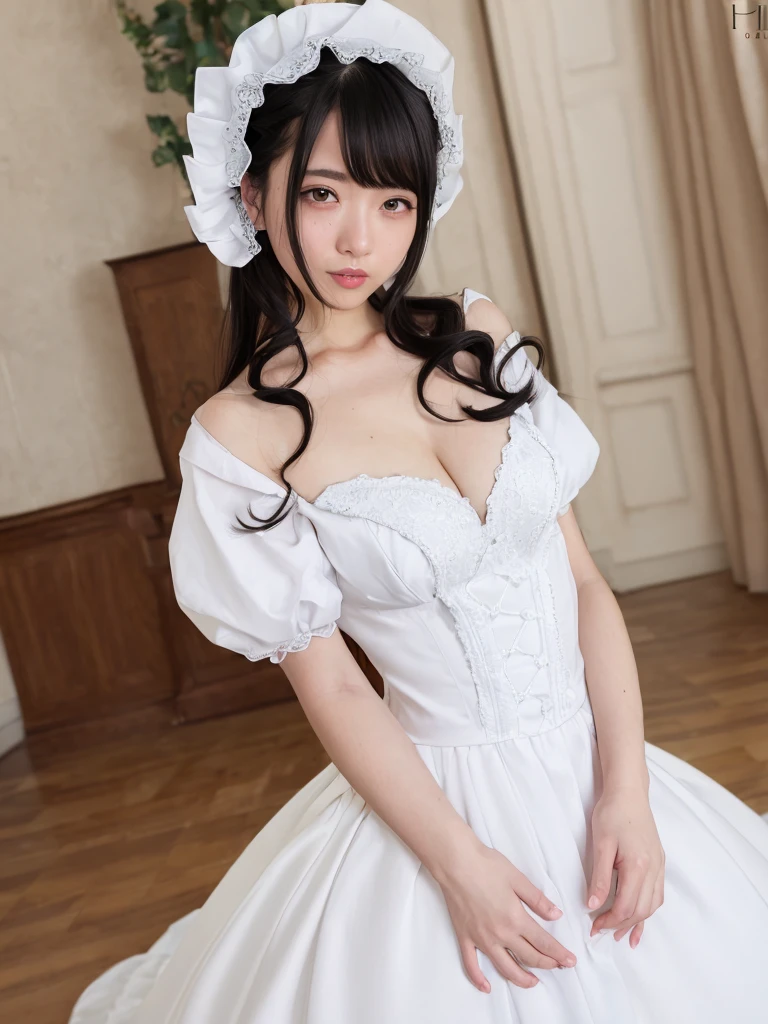 (Highest quality:1.9)、(High resolution)、Live-action image quality、((20-year-old woman、1 person))、Soft lighting by a professional photographer、Natural light、((Very spacious white luxurious room:1.6))、((Bright white room:1.6))、(Standing in front of a very luxurious white bed:1.2)、(White bookshelf background:1.1)、Natural soft light、((Black Hair Color:1.1))、Fair skin、Detailed Eyes、double eyelid、Slightly puffy cheeks、((Small Face:1.0))、(maid_cosplay, breasts, puffy short sleeves, puffy sleeves, short sleeves, maid headdress, chain, frills, white gloves, cowboy shot, large breasts, pointy hair, gloves,gothic, gothic maid)、(Cute Smile)、((Girly pose 1.8))、((Long curly hair:1.1))、((Full Body Shot:1.2))、((Height: 165cm))、Hands in front、Hold hands between legs、