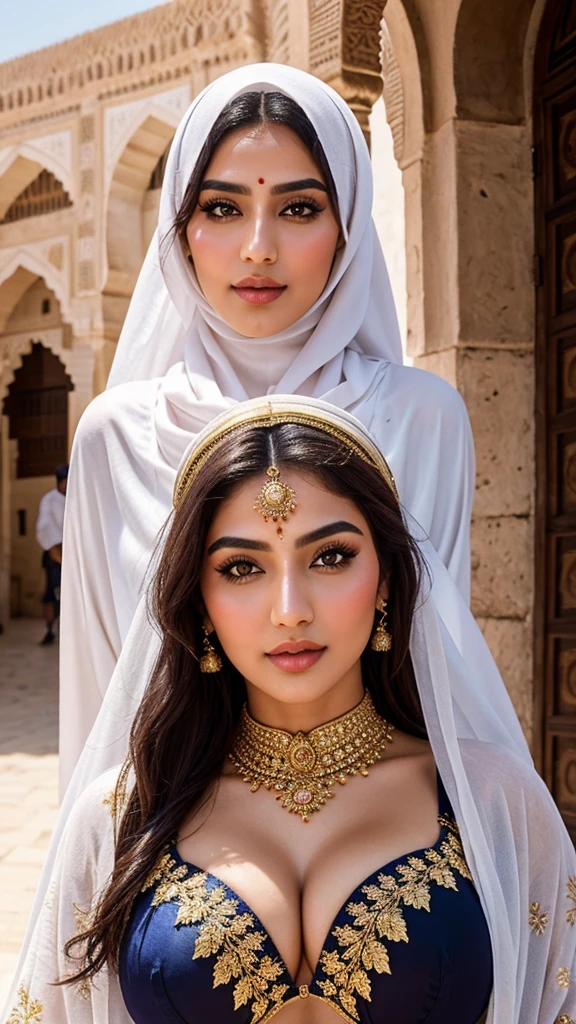 Instagram Arabian models pose in Fes, in traditional clothes, full entire body, beautiful detailed eyes, beautifully detailed lips, big breasts with bra and hijab, extremely detailed eyes and face, short, nice rosa Haar ((best qulaity)), ((masterpiece)), (detailled), perfect face, full entire body, ahegao