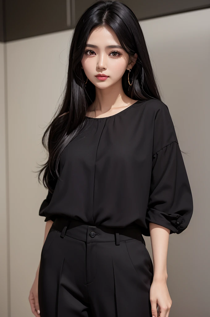 Black hair dark skin brown eyes medium hair black blouse and pants