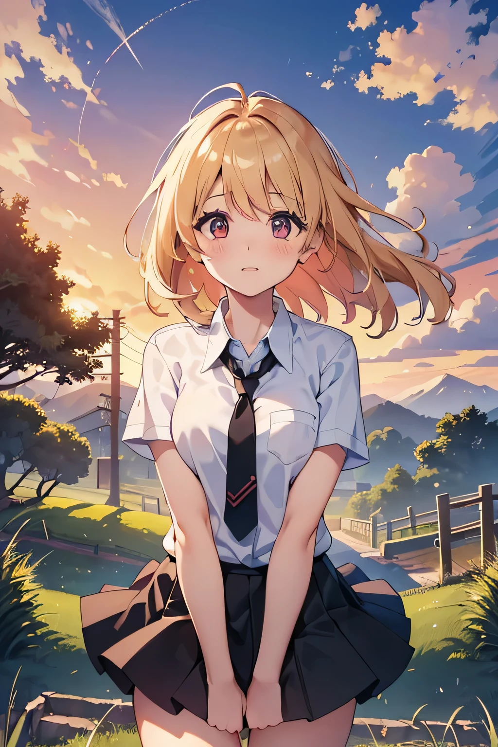 ,((Highest quality,4K, masterpiece:1.3)),((High Resolution)),((It's wonderful)),((Japan countryside:1.2)),((Japan countryside:1.2)),((Japan countryside:1.2)),((Japan countryside:1.2)),((Japanese mountain trails and rice terraces:1.2)),((Standing at the bus stop:1.2)),((Standing at the bus stop:1.2)),(Do not split frames),(Do not split),(Do not split),(sunset:1.2),(sunset:1.2),(sunset:1.2),(sunset:1.2),(One woman:1.8),(One woman:1.8),(One woman:1.8),((dutch angle shot:1.2)),((dutch angle shot:1.2)),((upper body shot:1.2)),((upper body shot:1.2)),((upper body shot:1.2)),((shoot from above:1.2)),((shoot from above:1.2)),((school uniform, short sleeve shirt:1.2)),((school uniform, short sleeve shirt:1.2)),((school uniform, short sleeve shirt:1.2)),((school uniform, short sleeve shirt:1.2)),(A tie blowing in the wind:1.4),(A tie blowing in the wind:1.4),(A tie blowing in the wind:1.4),((wavy mouth:1.4)),((wavy mouth:1.4)),((wavy mouth:1.4)),((pigeon toed:1.2)),((pigeon toed:1.2)),((pigeon toed:1.2)),((Bend your knees and stand with your legs together:1.2)),((Bend your knees and stand with your legs together:1.2)),((Bend your knees and stand with your legs together:1.2)),((Bend your knees and stand with your legs together:1.2)),((Bend your knees and stand with your legs together:1.2)),((Bend your knees and stand with your legs together:1.2)),((Hold down the hem of your skirt, which is about to be blown up by the wind:1.2)),((Hold down the hem of your skirt, which is about to be blown up by the wind:1.2)),((Hold down the hem of your skirt, which is about to be blown up by the wind:1.2)),((Hold down the hem of your skirt, which is about to be blown up by the wind:1.2)),((face focus:1.4)),((face focus:1.4)),((face focus:1.4)),((face focus:1.4)),(Shy laugh:1.2),(Shy laugh:1.2),(Shy laugh:1.2),(Shy laugh:1.2),(Panic look:1.2),(Panic look:1.2),(Hair blowing in the strong wind:1.2),(Hair blowing in the strong wind:1.2),(Hair blowing in the strong wind:1.2),(shoot from front),(shoot from front),(shoot from front),((Light brown eyes:1.2)),((Light brown eyes:1.2)),((Beautiful highlighted eyes)),((Light brown eyes:1.2)),((Light brown eyes:1.2)),((Light brown eyes:1.2)),((Beautiful highlighted eyes)),((Light brown eyes:1.2)),((Shiny black hair:1.4)),((Shiny black hair:1.4)),((Shiny black hair:1.4)),((Fluffy short bob:1.2)),((Fluffy short bob:1.2)),((Fluffy short bob:1.2)),((Fluffy short bob:1.2)),((Parted bangs)),((Parted bangs)),((Parted bangs)),(Beautiful breasts),(Beautiful breasts),Japanese women, 14 years old gravure photo, High Contrast, Aperture F3.2, Focal length 100mm, (((peace sign))),wakame, wakame, wakame, wakame, wakame, wakame, wakame, wakame, wakame, wakame, wakame, wakame, wakame, wakame, wakame, wakame, wakame, wakame, wakame, wakame, wakame, wakame, wakame, wakame, wakame
