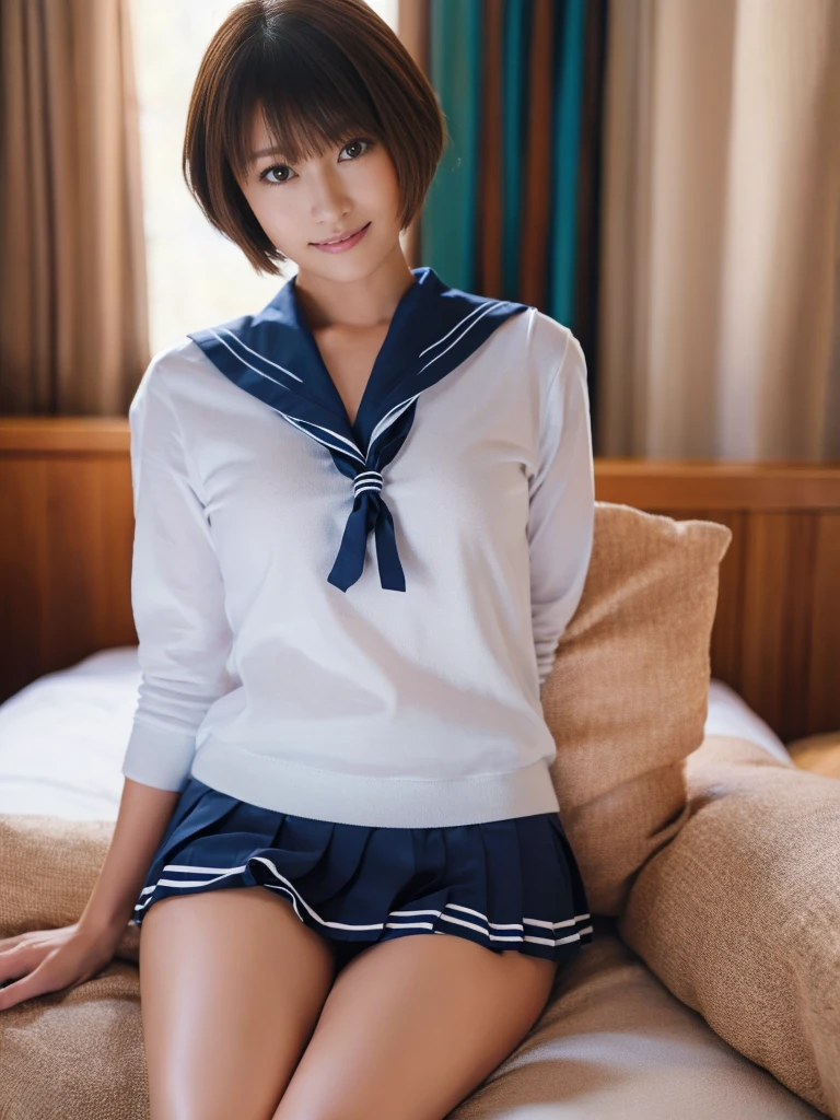 (Super reality:1.2), (digital art, digital illustration, 4k, 8k, Super detailed, beautiful images, clear image, (realistic), (RAW photo:1.3), perfect face, perfect lines, perfect eyes, Accurate body shape, dark lighting) , 1 Japanese cute girl after school, solo, school uniform, (sailor suit, serafuku:1.3), (short cut hair style:1.3), Beautiful face, amateur girl, sexy gyaru:1.3, ((showing panties)), so japanese young Idol, full chest, slim body style, (Inside the hotel, American size bed room, Antique furniture), Precise arms, precise hands and fingers, Beautiful hands and fingers, small smile, Beautiful thighs, (cowgirl position, open legs, on bed), sexy pose, POV