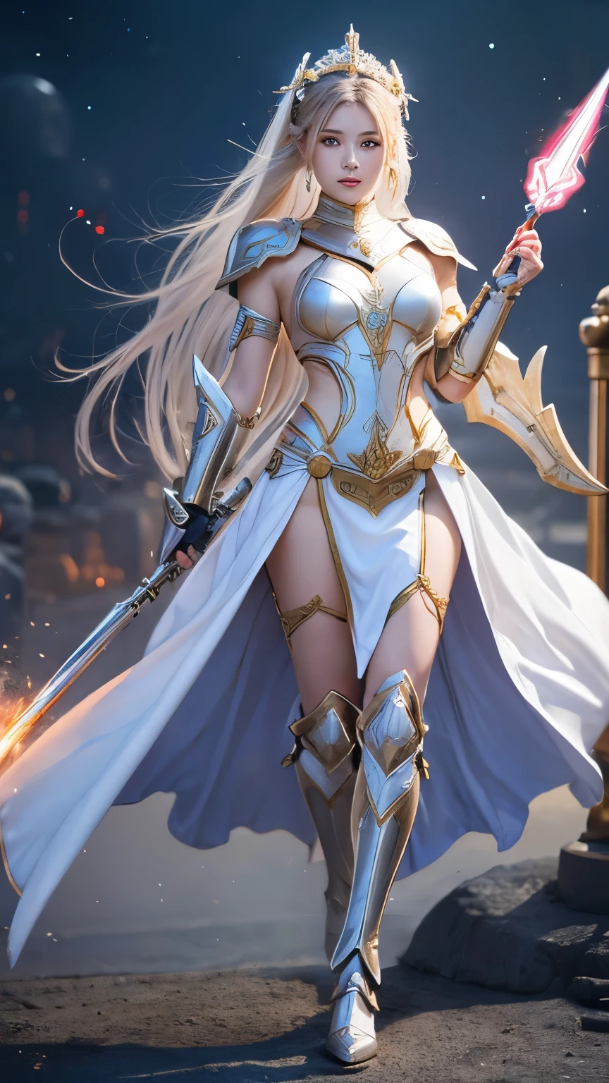 Goddess of wisdom and war、Holding a big cool mechanical spear、Long ponytail hair、She is wearing white armor over a flashy white skin-tight dress.、Armor on the feet