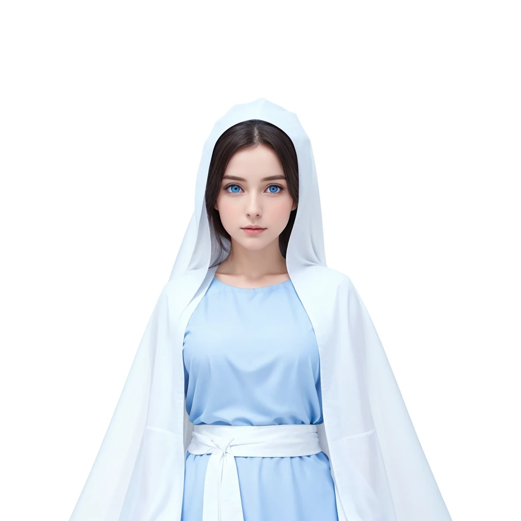Holy Mary praying, clear blue eyes, wearing a blue tunic with wide, long sleeves adjusted at the waist by a white sash, and a white veil. Perfect full body