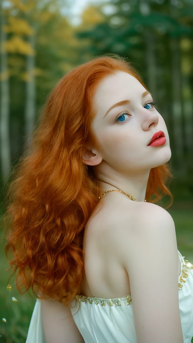 **Analog photography of a redhead girl, 18 years old, with blue eyes, soft makeup, and bold pink puffy lips. Her curly hair frames her very pale skin, highlighting her huge round breasts, she is dressed in a lingerie-set(with gold lacings). orange hair that frame her face**, She is captured on a black-blanket, (her mouth is slightly open, her lips almost touching her shoulder), Ethereal atmosphere, The fine art style, attention to details and soft pastel color palette creates a narrative that's both enchanting and delightful. Second Exposure: An overlay of a dandelion-flowers. Description: ((The double exposure creates a magical blend where the girl appears to be part of the natural dandelion-plant-symbolizing the harmony between humanity and nature. The Chemistry-print background give the image a scientific-like quality)).((CLOSE UP SHOT, WITH HER BOLD PINK LIPS)), ((FROM THE BEHIND VIEW)), ((Image in a Bright and Lush Greens))
