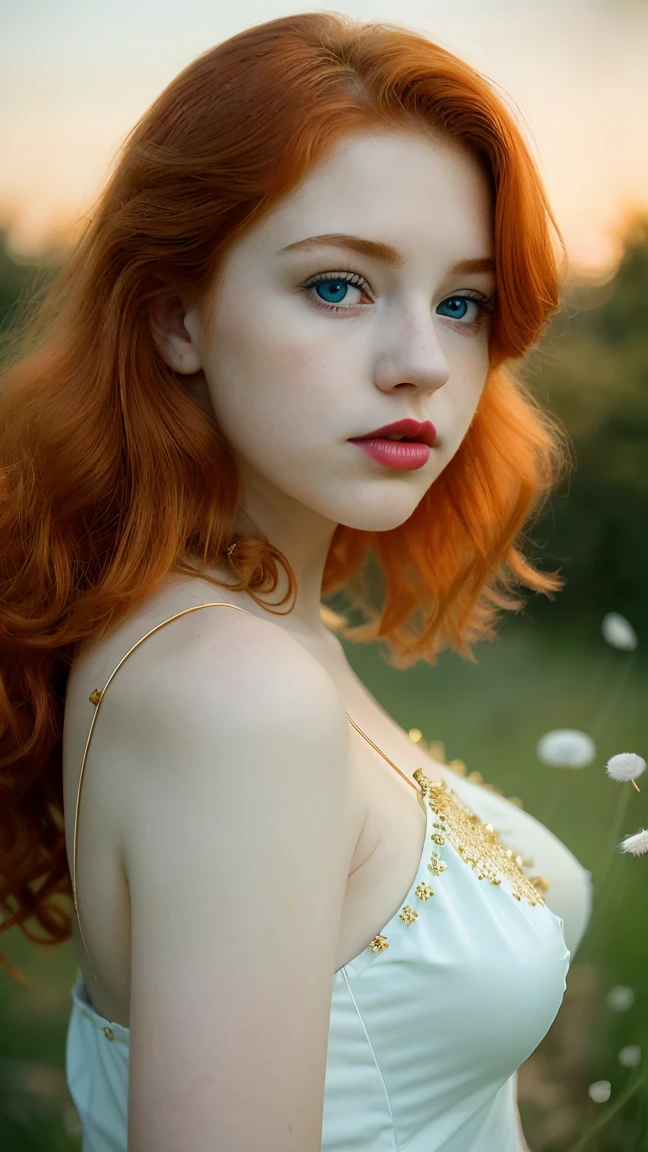 **Analog photography of a redhead girl, 18 years old, with blue eyes, soft makeup, and bold pink puffy lips. Her curly hair frames her very pale skin, highlighting her huge round breasts, she is dressed in a lingerie-set(with gold lacings). orange hair that frame her face**, She is captured on a black-blanket, (her mouth is slightly open, her lips almost touching her shoulder), Ethereal atmosphere, The fine art style, attention to details and soft pastel color palette creates a narrative that's both enchanting and delightful. Second Exposure: An overlay of a dandelion-flowers. Description: ((The double exposure creates a magical blend where the girl appears to be part of the natural dandelion-plant-symbolizing the harmony between humanity and nature. The Chemistry-print background give the image a scientific-like quality)).((CLOSE UP SHOT, WITH HER BOLD PINK LIPS)), ((FROM THE BEHIND VIEW)), ((Image in a Bright and Lush Greens))