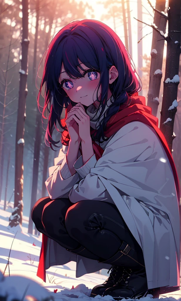 aihoshino, Ai Hoshino, Long Hair, bangs, (Purple eyes:1.1), Purple Hair, (Symbol-shaped pupil:1.5), smile,,smile,blush,White Breath,
Open your mouth,snow,Ground bonfire, Outdoor, boots, snowing, From the side, wood, suitcase, Cape, Blurred, , forest, White handbag, nature, Squat, Mouth closed, Cape, winter, Written boundary depth, Black shoes, red Cape break looking at viewer, Upper Body, whole body, break Outdoor, forest, nature, break (masterpiece:1.2), Highest quality, High resolution, unity 8k wallpaper, (shape:0.8), (Beautiful and beautiful eyes:1.6), Highly detailed face, Perfect lighting, Extremely detailed CG, (Perfect hands, Perfect Anatomy),
