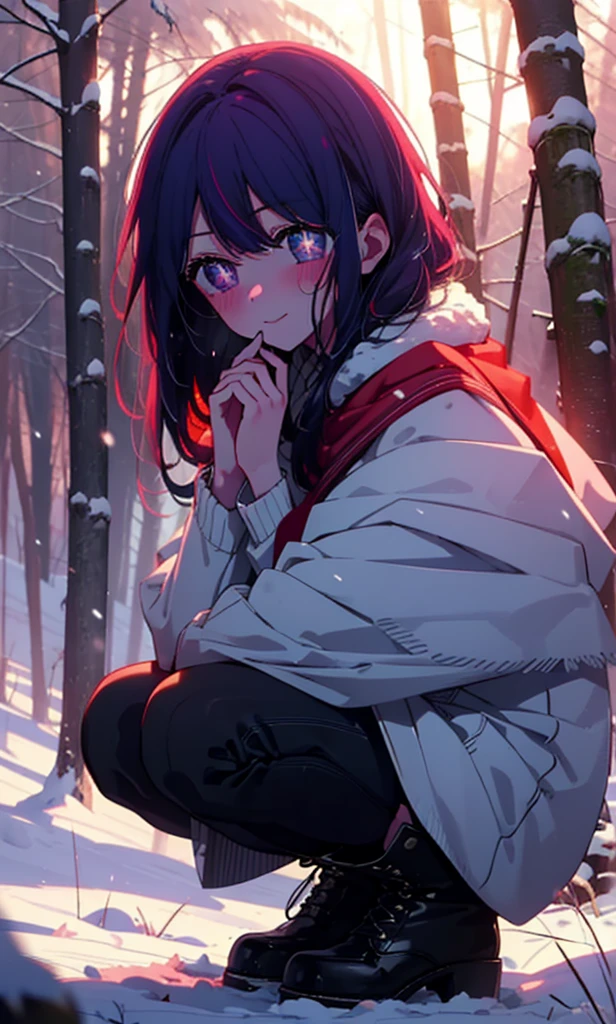 aihoshino, Ai Hoshino, Long Hair, bangs, (Purple eyes:1.1), Purple Hair, (Symbol-shaped pupil:1.5), smile,,smile,blush,White Breath,
Open your mouth,snow,Ground bonfire, Outdoor, boots, snowing, From the side, wood, suitcase, Cape, Blurred, , forest, White handbag, nature, Squat, Mouth closed, Cape, winter, Written boundary depth, Black shoes, red Cape break looking at viewer, Upper Body, whole body, break Outdoor, forest, nature, break (masterpiece:1.2), Highest quality, High resolution, unity 8k wallpaper, (shape:0.8), (Beautiful and beautiful eyes:1.6), Highly detailed face, Perfect lighting, Extremely detailed CG, (Perfect hands, Perfect Anatomy),