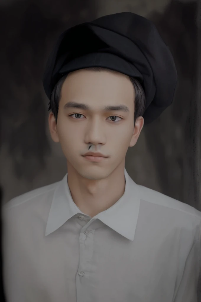 Colored portrait of a man wearing a black cap, plain white collared shirt