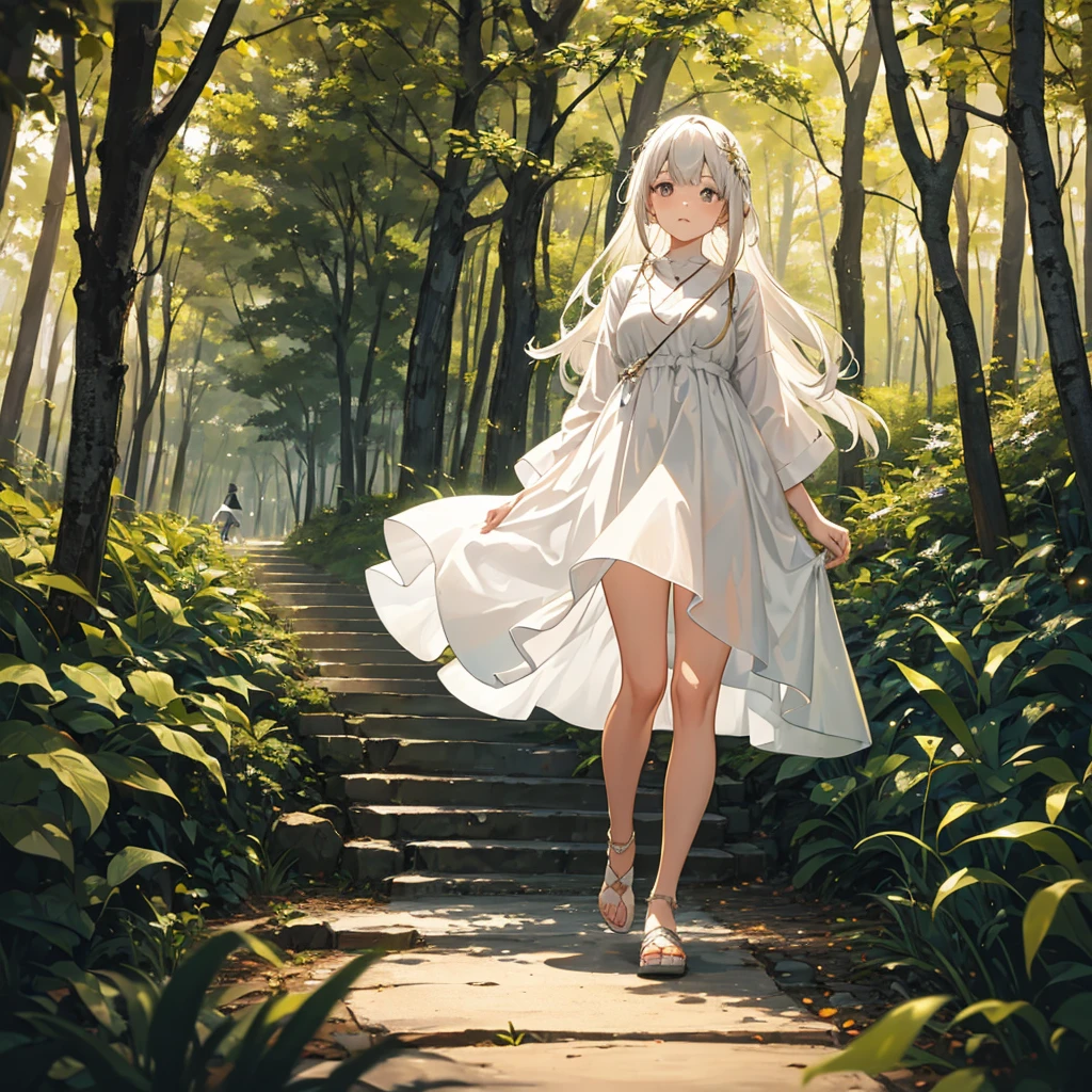Girl wearing white dress flowing. Walking down a forest at night with fire flies lighting up the pathway for her. Detailed