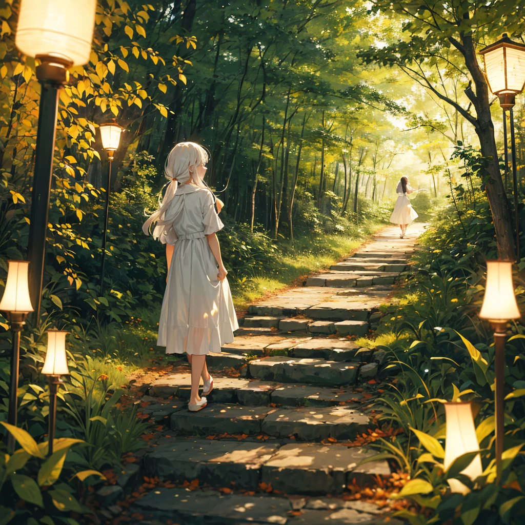 Girl wearing white dress flowing. Walking down a forest at night with fire flies lighting up the pathway for her. Detailed 