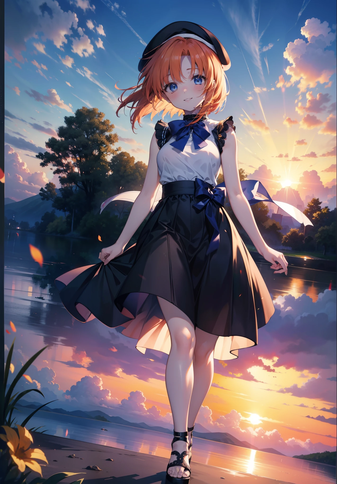 kidney, Rena Ryuuguu, Orange Hair, short hair, blue eyes, smile, blush,Grin,(Small breasts:1.2),beret,Sleeveless dress,Long skirt,Heeled Sandals,evening,sunset,The sun is setting,Walking,whole bodyがイラストに入る,
break looking at viewer,whole body,
break outdoors, In town,
break (masterpiece:1.2), Highest quality, High resolution, unity 8k wallpaper, (figure:0.8), (Beautiful attention to detail:1.6), Highly detailed face, Perfect lighting, Highly detailed CG, (Perfect hands, Perfect Anatomy),