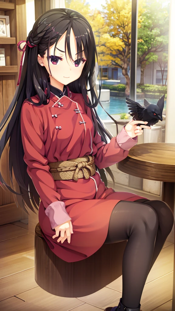 A beautiful girl, seductive, ((forehead to show)), wearing a crow mask, attractive, flat eyebrows, red coat, black hair, delicate, young, long hair, detailed face, high definition, full body, ninja, cute smile, cafe, hands behind back