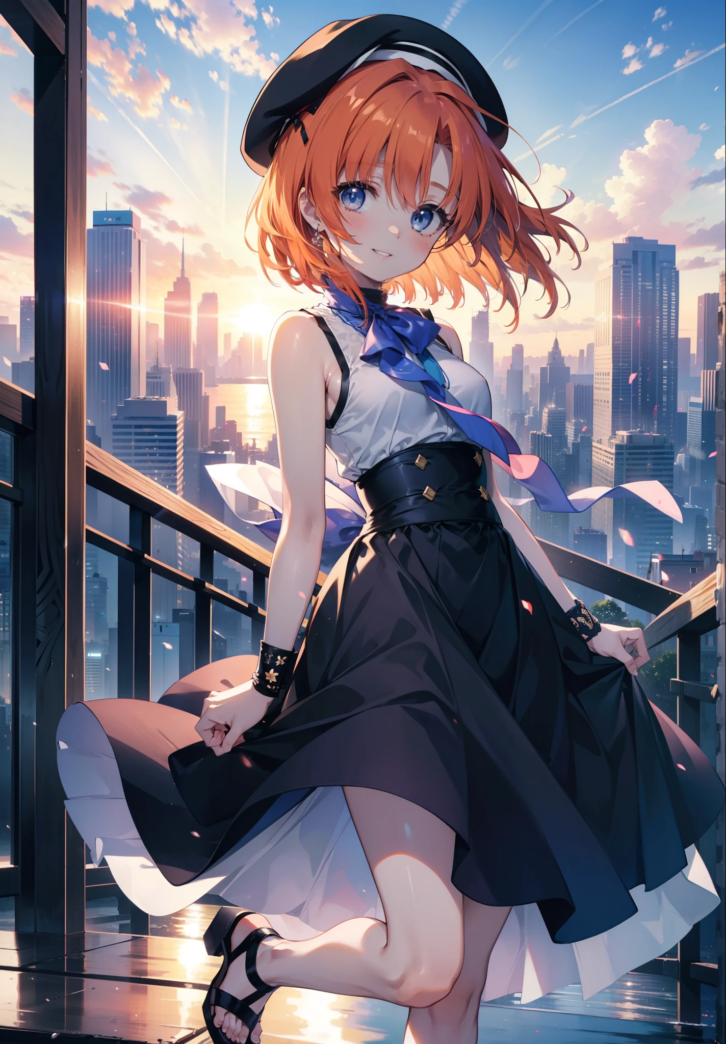 kidney, Rena Ryuuguu, Orange Hair, short hair, blue eyes, smile, blush,Grin,(Small breasts:1.2),beret,Sleeveless dress,Long skirt,Heeled Sandals,evening,sunset,The sun is setting,Walking,whole bodyがイラストに入る,
break looking at viewer,whole body,
break outdoors, In town,
break (masterpiece:1.2), Highest quality, High resolution, unity 8k wallpaper, (figure:0.8), (Beautiful attention to detail:1.6), Highly detailed face, Perfect lighting, Highly detailed CG, (Perfect hands, Perfect Anatomy),