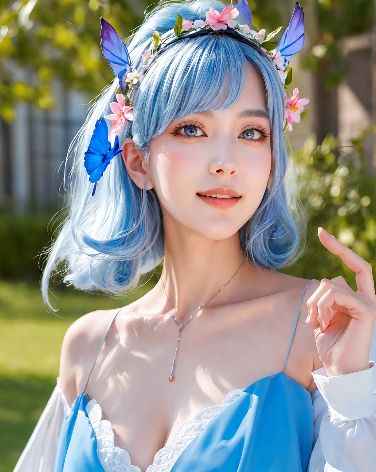 the greatest masterpiece, best quality, bokeh, depth of field, 8K, uhd, HDR, (Realistic realistic raw photos, whole body), Very high ultra-high resolution, looking to the side, kamisato ayaka (봄flower 편지), kamisato ayaka, blunt forehead, Very detailed and delicate expression, very realistic and realistic,butterfly headdress, hai,flower,blue dress, 1 woman, butterfly, detailed, detailed, realistic actual ,blue eyes, flower, headdress, realistic actual, light blue hair, light, 현실적 사실적인 실제 light, very realistic인 그림자, light 반사, light source tracking, outdoors, alone, have, sky, cloud, forehead, long sleeves, possession, looking at viewer, blue butterfly, haziness, give, dress, afternoon, very realistic, blue sky, chest, 큰 chest, cloudy sky, blush, put your index finger up, blue flower, laugh, closed mouth, possession fan