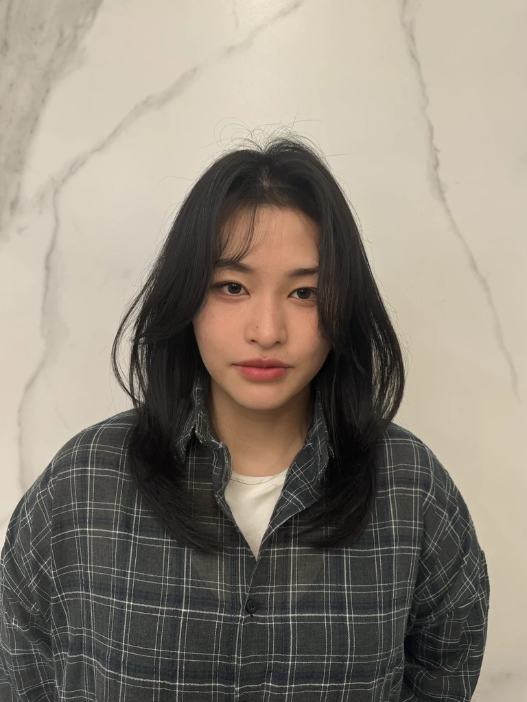 Best Quality, 8k, Masterpiece, (Portrait: 1.3), (photo realistic:1.4), (hyper realistic:1.4), Sharp Focus, looking at viewer, (smoother lighting:1.1), (increase cinematic lighting quality:0.9), realistic lighting, backlighting, light on face, ray trace, (brightening light:1.2), (Increase quality:1.4), sharp detail, (best quality real texture skin:1.4), finely detailed eyes, black_eyes, finely detailed face, 25 year old Korean woman, (white formal_shirt:1.4), (Create an image maintaining the original base model hairstyle:1.5)