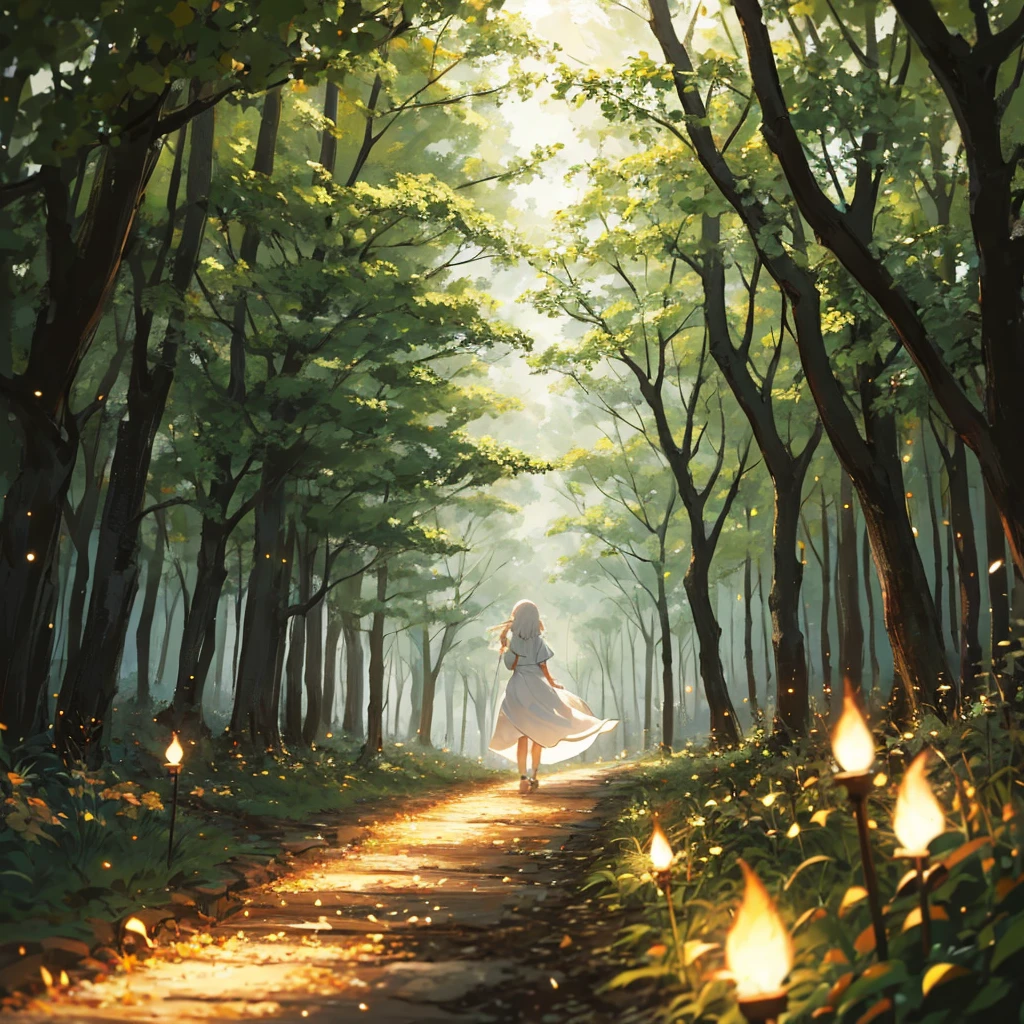 Girl wearing white dress flowing. Walking down a forest at night with fire flies lighting up the pathway for her. Detailed