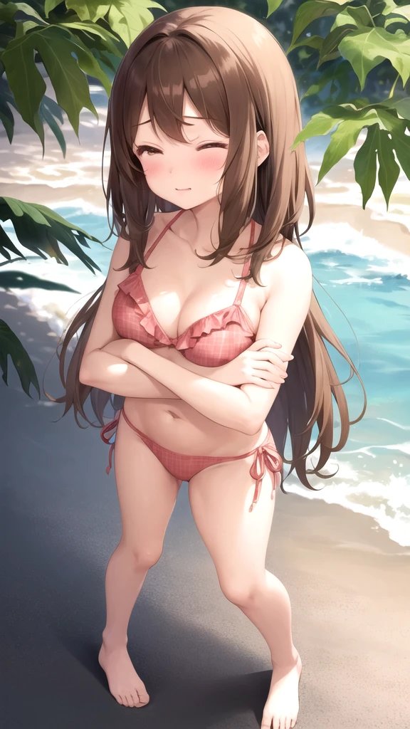 chii, 1girl, solo, brown hair, medium hair, parted bangs, forehead, brown eyes, blush, one eye closed, tight bikini,  full body, crossed arms, looking at viewer