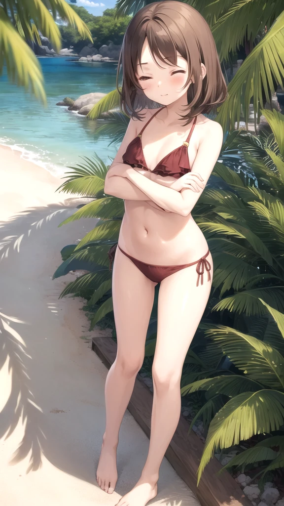 chii, 1girl, solo, brown hair, medium hair, parted bangs, forehead, brown eyes, blush, one eye closed, tight bikini, full body, crossed arms, looking at viewer