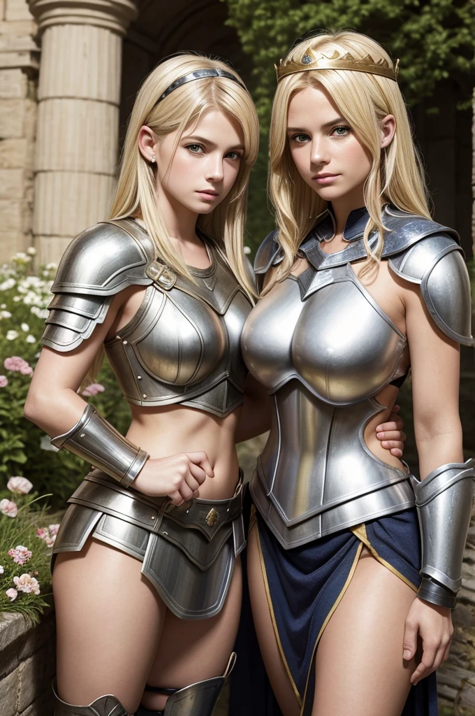 mother and daughter portrait break: mature woman, roman warrior, queens blade , middle age, blonde, detailed face, curvy, fighter position, background in uk land break: teen girl, roman warrior, princess blade , 13 years old, teenager girl, small breasts, mini cropped, valkyrian princess ,blonde, detailed face, beautiful, confiant, background in uk land with flowers, soft lesbians