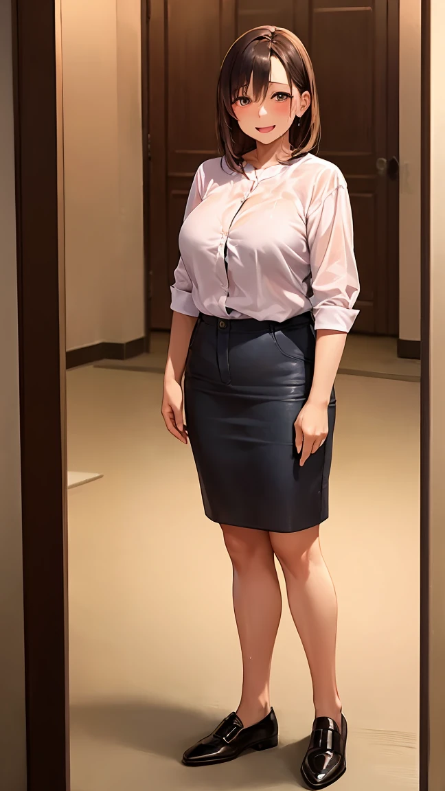 45 year old mature woman、Standing in the middle of the boys&#39; room、Both hands are tied behind his back。She has a curvy figure and wears a metallic bikini.、Her huge breasts are emphasized。Her skin is sweaty、open your mouth、Smiling。In the background you can see a study desk and a bed.。